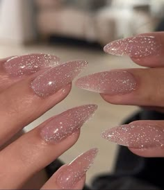 Sparkly Taupe Nails, Almond Nails Pink Sparkle, Almond Velvet Nails, Nude Nails Glitter Tips, Sns Glitter Nails, Sparkly Baby Pink Nails, Nail Ideas Glitter Sparkle, Pageant Nails Ideas, Almond Nails Pink Glitter