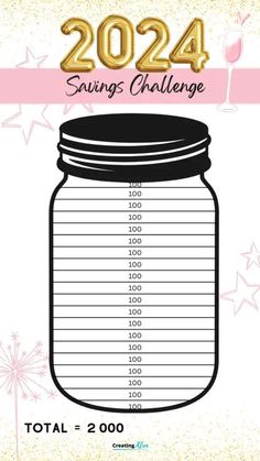 a mason jar with the words savings challenge in gold lettering on it and a pink ribbon around