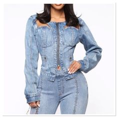 Fashion Nova Blue Denim Cut Out 100% Cotton Jacket Sz Xs New With Tags Size Xs Pit To Pit 17 1/2 Inches Flat Sleeves 24 Inches Length From Mid Shoulder To Hem 19 1/2 Inches Waist 17 Inches Flat 1.3 Lbs 5/5/2024 Fitted Long Sleeve Denim Jacket In Medium Wash, Fall Denim Blue Denim Top, Winter Fitted Denim Tops, Trendy Long Sleeve Denim Blue Top, Trendy Denim Blue Denim Jacket, Trendy Fitted Denim Top For Fall, Medium Wash Denim Jacket With Zipper, Spring Denim Outerwear With Zipper Closure, Trendy Long Sleeve Denim Top