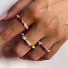 Discover our lovingly handcrafted colorful pearl rings in boho style. These beautiful rings are available in sizes S (51-52 mm), M (53-54 mm) and L (55-57 mm) and are a real eye-catcher. Our colorful pearl rings are stretchy and elastic. They are individually made, making each piece unique. Each piece of jewelry is carefully and lovingly made by hand. We attach great importance to ensuring that your ring lasts a long time. However, jewelry is generally sensitive and should be treated with care. Bohemian Multicolor Rings For Festival, Bohemian Adjustable Rings With Colorful Beads, White Bohemian Beaded Rings, Elastic Rings, Rings Boho, Ring Pearl, Pearl Rings, Festival Jewelry, Boho Rings