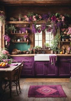 Purple Hues: A Nostalgic Kitchen Design When it comes to kitchen design, there are countless options to choose from- from modern and sleek to rustic and cozy. However, if you’re looking to create a warm and inviting space with a touch of nostalgia, consider incorporating purple hues into your kitchen design. Purple has long been … Purple Yellow Kitchen, Purple Meals Aesthetic, Kitchen Table With Shelves, Earth Home Kitchen, Kitchen Purple Cabinets, Deep Purple Kitchen Cabinets, Purple And Wood Kitchen, Diy Rustic Kitchen Decor, Boho Kitchen Shelves