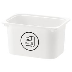 a white container with a black logo on it