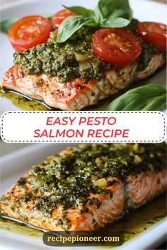 Two images showcasing an easy and healthy pesto salmon recipe that's perfect for busy weeknights. The pin captures the vibrant colors of salmon and pesto together. Salmon Recipes With Pesto Sauce, Pesto Salmon Recipe, Pesto Sauce Recipe, Pesto Salmon, Pesto Recipe, Salmon Recipe, Pesto Sauce, Dinner Idea, Healthy Delicious