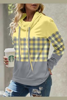 Patchwork Plaid Light Yellow Long Sleeve Hoodie Minimalist Winter, Cowl Neck Sweatshirt, Winter Pullover, Winter Sweaters, Casual Look, Pullover Sweatshirts, Look Chic, Long Sleeve Sweatshirts, Plus Size Tops