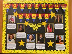 a bulletin board with pictures of women in different colors and sizes, including the words wonder woman