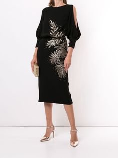 Elegant Cold Shoulder Midi Dress For Evening, Luxury Embellished Off-shoulder Dress, Black Off-shoulder Embellished Dress, Black Embellished Off-shoulder Dress, Off-shoulder Embroidered Evening Dress, Evening Dresses With Embroidered Sleeves, Elegant Black Dresses With Embroidered Sleeves, Dressy Western Outfits, Dressy Western Outfits Women