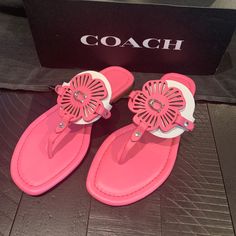 Coach Julia Leather Sandals Petunia Size 6 New In A Box Pink Coach Synthetic Sandals For Spring, Coach Flat Sandals For Summer, Coach Flat Heel Sandals For Summer, Coach Pink Open Toe Sandals, Coach Open Toe Sandals For Spring, Coach Leather Sandals For Summer, Chic Coach Flat Heel Sandals, Pink Open Toe Coach Sandals, Elegant Coach Sandals For Spring