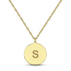 Express yourself with this simple yet stunning necklace, which features a disc customized with your initial. Styled in 10K yellow gold, the pendant sways from an 18-inch rope chain that secures with a spring ring clasp. Yellow Gold Initial Necklace With Tarnish Resistant Round Pendant, 14k Gold Monogram Initial Round Pendant Necklace, Yellow Gold Initial Necklace With Round Pendant, 14k Gold Round Initials Name Necklace, Personalized Yellow Gold Coin Necklace, 14k Gold Initial Necklace With Round Pendant, 14k Gold Round Disc Initial Necklace, Personalized 14k Gold Initial Necklace, Yellow Gold Heart Charm Necklace