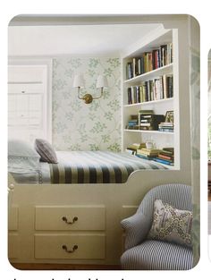 there are two pictures of a bedroom with bookshelves and a bed in it