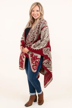 Chic Soul plus size clothing, red beige and black paisley print poncho Deep Red Color, The Castle, Model Fits, Black Top, Deep Red, The Queen, Affordable Fashion, So Pretty, Solid Black