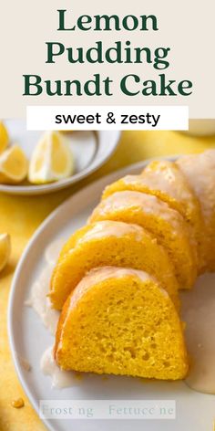 lemon pudding bundt cake on a white plate