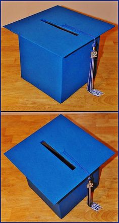 two pictures of a blue graduation cap with a tassel on the top and bottom