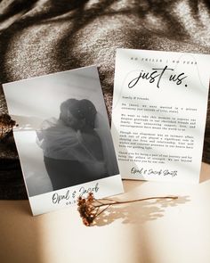 an image of a couple on their wedding day next to a card that says just us