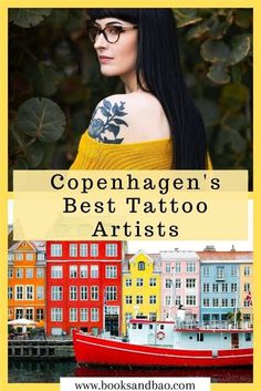 a woman with long black hair and glasses in front of colorful buildings, text reads copenhagen's best tattoo artists