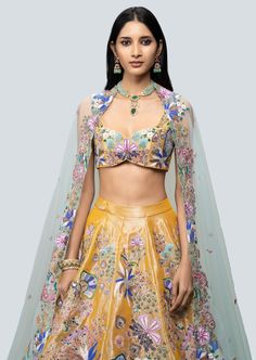 Multicolored amber applique and embellished kali tissue lehenga with sleeveless blouse and floral border net dupatta. Day Wedding Outfit, Tissue Lehenga, Dupatta Styling, Sleeveless Blouse Designs, Print Lehenga, Bridal Makeup Images, Yellow Lehenga, Makeup Images, Desi Girl