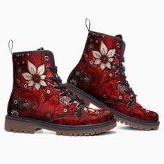 These extremely comfortable classic boots with a high quality print are made to last and to impress. Designed for fashion people, stylish and personalized. Perfect for everyday wearing and to show a unique sense of style.. - The Upper Made of PU leather (synthetic leather), the sole made of rubber.- Soft PU make it comfortable and soft. Size Chart Red Floral Boots, Multicolor Floral Embroidered Round Toe Boots, Red Leather Lace-up Boots With Round Toe, Red Leather-sole Boots For Outdoor, Red Leather Mid-calf Boots With Round Toe, Classic Boots, Fashion People, Abstract Floral, Floral Motif