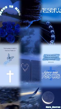 a collage of blue images with the words give me jesus