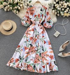 Floral Print V-neck Dress For Summer Brunch, V-neck Chiffon Maxi Dress With Print, Printed Chiffon V-neck Maxi Dress, Spring Floral Print V-neck Dress For Vacation, Chic White V-neck Dress With Floral Print, Flowy V-neck Floral Printed Dress, Flowy V-neck Floral Dress, Casual V-neck Chiffon Dress, V-neck Chiffon Maxi Dress With Floral Print