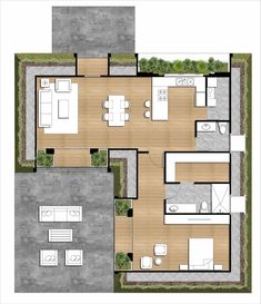 the floor plan for a modern home with two living areas and an open kitchen area