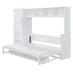 the bed frame is white and has drawers on each side, along with a pull out trundle