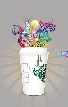 a starbucks cup filled with lots of colorful decorations on top of a gray background next to a butterfly