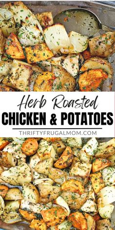 roasted chicken and potatoes in a pan with text overlay that reads, help roasted chicken and potatoes