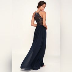 Purchased For A Wedding That Didn't Happen. Nwt, Never Worn. Description Below Directly From Lulus. Lulus Exclusive! Catch A Cutie's Eye In The Lulus Love Spell Navy Blue Lace-Back Maxi Dress! This Stunning Maxi Dress Is Shaped From Lovely Chiffon Fabric That Dances From A Deep V-Neckline And Princess-Seamed Bodice Into A Banded Waist Atop A Full-Length, Pleated Maxi Skirt. The Romantic Details Continue With A Sheer Eyelash Lace Back Supported By An Adjustable Halter Neckline. Hidden Side Zipper Casual Bridesmaid Dresses, Bridesmaid Dresses Under 100, Fall Bridesmaids, Dresses Lulus, Fall Bridesmaid Dresses, Affordable Bridesmaid Dresses, Navy Bridesmaid Dresses, Lulus Dresses, Bridesmaid Dresses Online