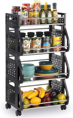 three tiered rack with food and drinks on it's sides for storing items