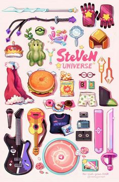 a bunch of different items that are on a white surface with the words steven universe above them