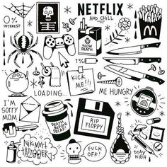 a black and white drawing of various items