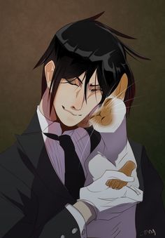 a man in a suit and tie holding a cat