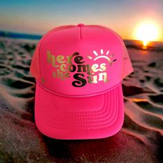 Rhinestone Anchor Design size is 5.5 × 2.7 inches. The trucker hat is a 6-panel, constructed hat featuring insulated mesh rear panels and a foam crown. It comes with a plastic, adjustable snap closure. The trucker hat is black with a neon pink mesh back, and has a neon pink, glitter flake design. Plastic snap closure 55% Foam / 45% Mesh 6-Panel, Constructed Foam Crown, Pink Trucker Hat, Boat Hat, Anchor Design, Cathedral City, Glitter Flake, Here Comes The Sun, Wedding Hats, Here Comes