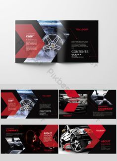 an image of a car brochure with red and black accents on it,