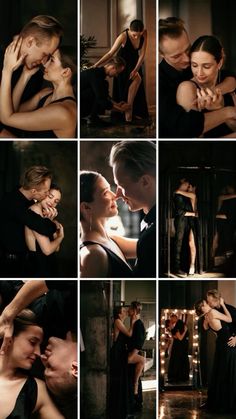 a collage of photos with people in black dresses and one man kissing the woman