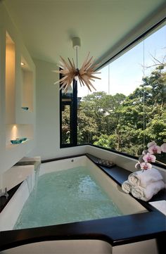 a bathroom with a large jacuzzi tub next to a window overlooking the trees