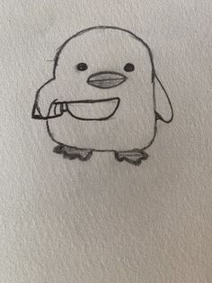 a drawing of a penguin with a pencil in it's mouth