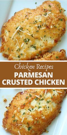 parmesan crusted chicken on a white plate with text overlay that reads, parmesan crusted chicken