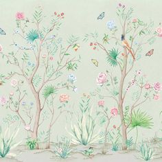 a painting of trees and flowers on a white wall