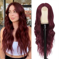 PRICES MAY VARY. 【Long Wavy Burgundy Wigs Material】:The long wavy wig is made of high-temperature resistant synthetic fiber and stands heat up to 160℃ (320℉). It is not only heat-resistant and durable, but also looks very natural and realistic. Easy to comb and not easily tangle and hair loss. 【Realistic hairline】:The 26 inch Wine Red wigs have a small areahand-knitting lace scalp part, the new technology natural hairline is more realistic, just like your own hair. Long Wave Wig is suitable for Hoodie Hairstyles, Burgundy Wig, Red Wig, Red Brown Hair, Cool Short Hairstyles, Knitted Lace, Wavy Wig, Long Hair Updo, Red Wigs