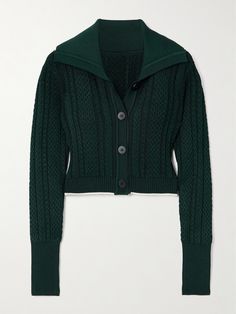 Jacquemus' ‘Bela’ cardigan is made from a tactile cable-knit with wide ribbing that accentuates the close fit. It has a generous point collar and cropped hem highlighted with white piping. Note the silver-tone D-ring on the back - it's a brand signature. Net A Porter Green, Jacquemus Cardigan, Jean Trench Coat, The Close, Cable Knit Cardigan, Knitwear Cardigan, Everyday Wardrobe, D Ring, Wide Leg Trousers