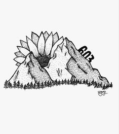 a black and white drawing of mountains with sunflowers in the foreground on a light gray background