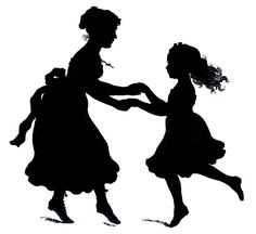 the silhouettes of two girls are shown in black on a white background, one is holding hands with the other