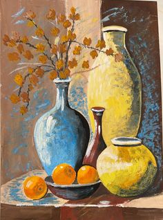 a painting of vases and oranges on a table