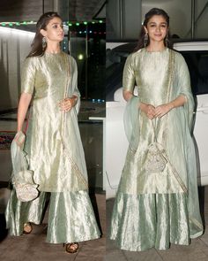 Alia Bhatt in a Raw Mango pastel brocade kurta with beautifully crafted sharara Sharara Designs, Indian Kurti Designs, Designer Kurtis, Kurti Designs Party Wear, Indian Gowns, Designer Party Wear Dresses, Party Wear Indian Dresses