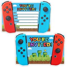 two nintendo wii game controllers are shown with the words you're invited on them