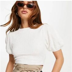 Topshop Open Back Crinkle Puff Sleeve Tie Back Crop Top Cream S 4-6 Tie Back Crop Top, Shirred Blouse, Business Casual Top, Cutout Blouse, Tie Back Top, Peter Pan Collar Blouse, Beige Blouse, Black Floral Blouse, Cream Blouse