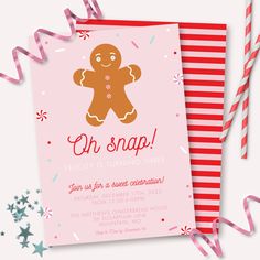 a pink and red party card with a gingerbread on it