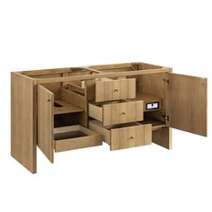 an open cabinet with drawers on each side