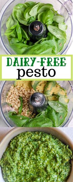 two images showing different types of pesto in food processors with text overlay that reads dairy - free pesto