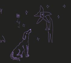 a drawing of a dog and a bird on a black background with stars in the sky